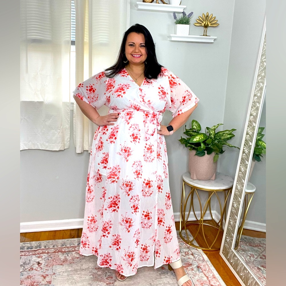 Floral White and Red Maxi Dress